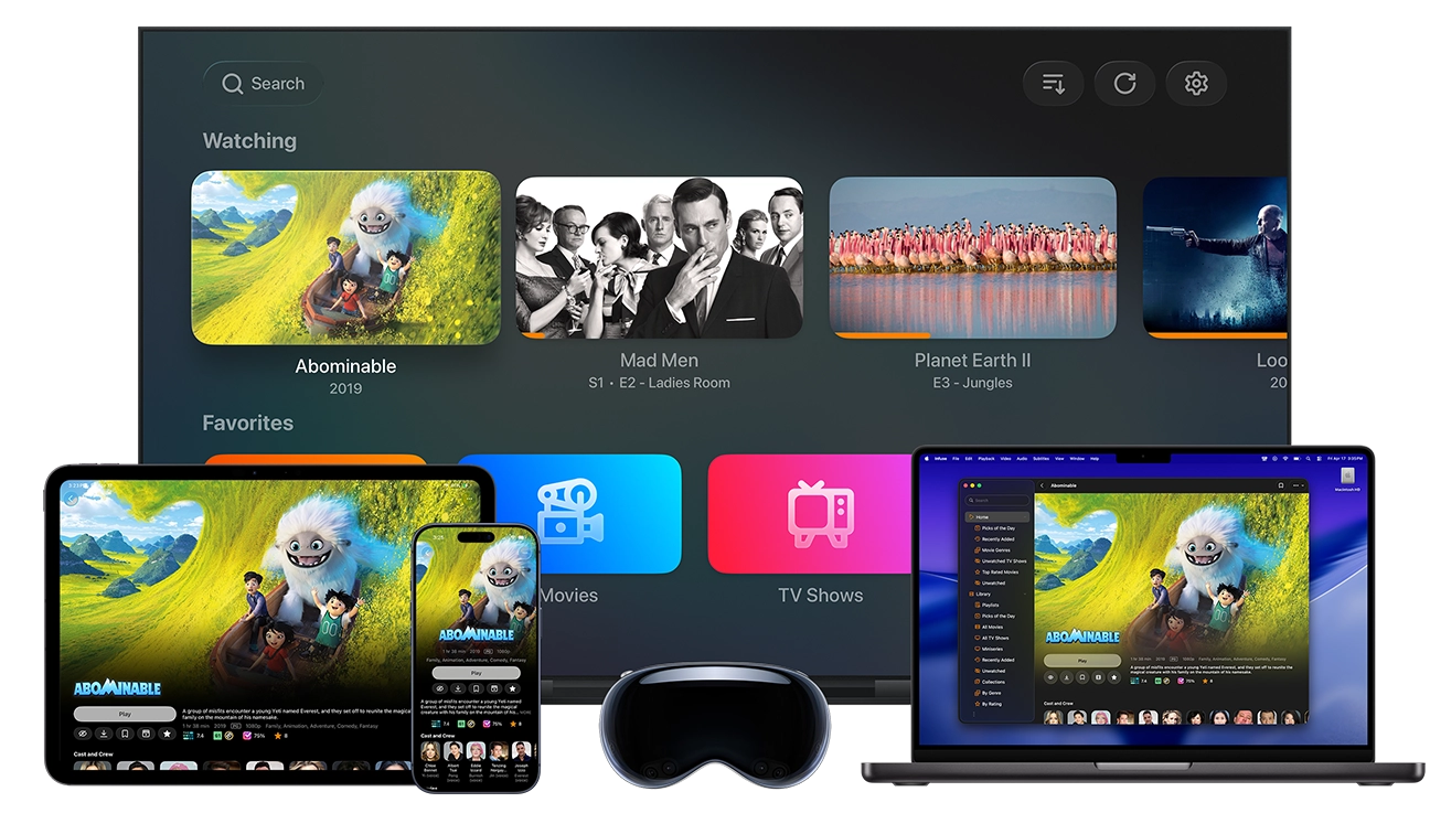 Infuse running on Apple TV, iPad, iPhone, Vision Pro, and Mac